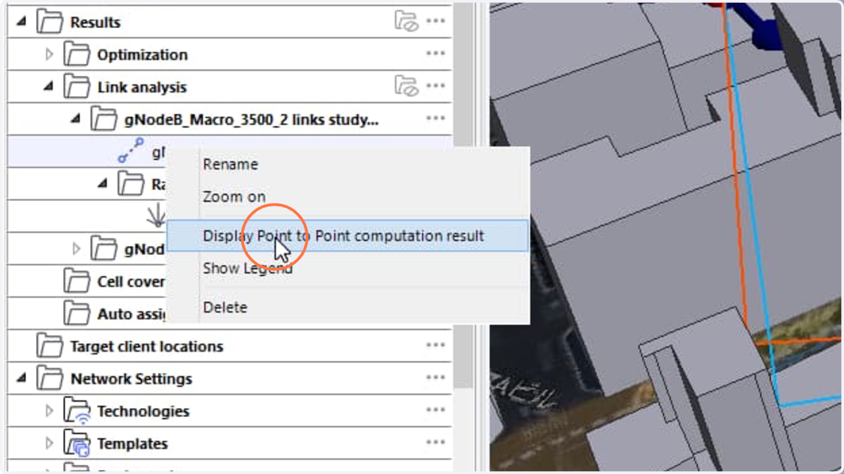 For Point-to-Multipoint predictions, right-click a specific link's result and select the 'Display Point-to-Point Computation Result' action to view the detailed link analysis report for that link.